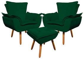 02 Poltronas e 01 Puff Pé Palito de Madeira Opala Suede D03 - D'Rossi - Verde