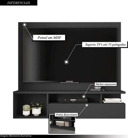 Painel Luci Nichos Decorativos 136cm para TV até 55 com Porta Basculante MDP Preto G11 - Gran Belo