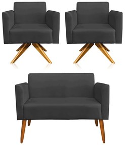 Kit 01 Namoradeira 02 Lugares e 02 Poltronas Marisa Suede Base Giratória Madeira MA30 D'Rossi - Preto