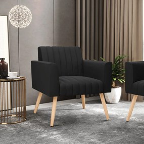 Poltrona Viena Gomada Suede Preto Pés Palito Natural - D'Rossi