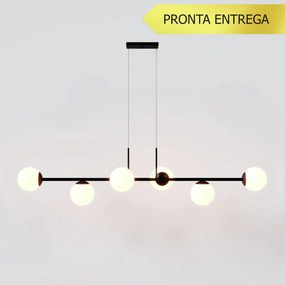 Pendente Six Retângular 124X25,5X27Cm Alumínio E Globo Ø12Cm Fosco 6Xg... (PRETO, FOSCO)
