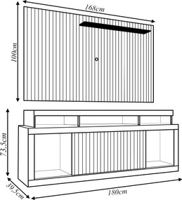Conjunto Painel e Rack Bancada Toquio 180cm MDP Portas de Correr Ripado Buriti/Fendi G11-Gran Belo
