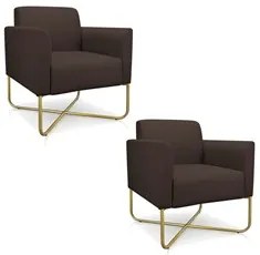 Kit 2 Poltronas Decorativas Base Industrial X Dourada Maressa S06 Sued