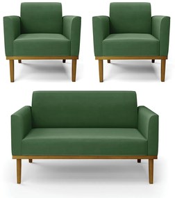 Conjunto 2 Poltronas e 1 Namoradeira Decorativa Isabella Pés Fixo em Madeira Castanho Suede Verde G19 - Gran Belo