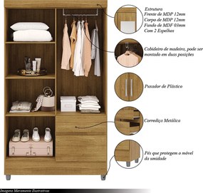 Guarda Roupa Solteiro Abruzzo 4 Portas de Bater 2 com Espelhos 2 Gavetas Nature G98 - Gran Belo