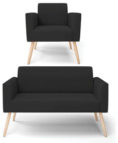 Sofá Namoradeira com Poltrona Pés Palito Natural Marisa Veludo D03 - D'Rossi - Preto