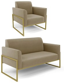 Sofá Namoradeira com Poltrona Base Industrial Alta Dourado Marisa Suede D03 - D'Rossi - Marrom Rato