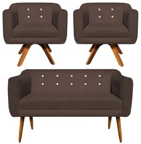 Kit 01 Namoradeira 02 Lugares e 02 Poltronas Giratória Julia Suede com Strass Base Madeira MM30 D'Rossi - Marrom