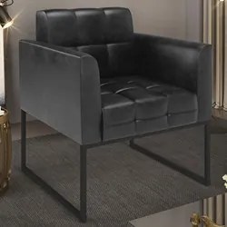 Poltrona Decorativa Base Industrial Preto Ana Sintético PU Preto- Ibiz