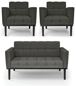 Conjunto 2 Poltronas e 1 Namoradeira Decorativa Karen Pés Fixo em Madeira Preto Linho Cinza Mesclado G19 - Gran Belo