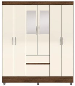 Guarda Roupa Casal Abruzzo 6 Portas de Bater 2 com Espelhos 2 Gavetas Nogueira/OffWhite G98 - Gran Belo