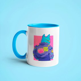 Caneca Cyberpunk Cat Nerd Branca com Alça Azul Clara