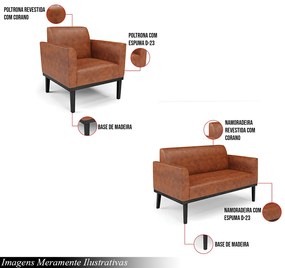 Conjunto Poltrona e Namoradeira Decorativa Isabella Pés Fixo em Madeira Preto PU Nozes G19 - Gran Belo