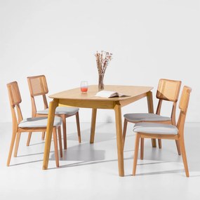 Conjunto Mesa de Jantar Lalá 1,60mx90cm Carvalho Americano + 4 Cadeiras Lalá Encosto Palha Creme Assento Plot Cru