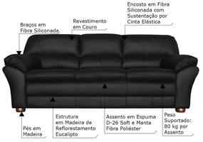 Sofá 3 Lugares Sala de Estar Pés Madeira 212cm Laura Couro Preto G03 - Gran Belo