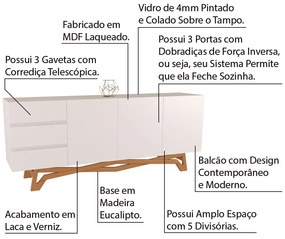 Buffet Balcão Sala de Jantar 200cm Tampo de Vidro Aaron Off White/Champagne G60 - Gran Belo