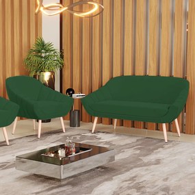 Kit 01 Namoradeira 02 Lugares e 01 Poltrona Giovana Veludo Verde Pés Palito Natural - D'Rossi