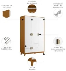 Guarda Roupa Solteiro 120cm 3 Portas Ipê Cinamomo/Branco    - Albatroz