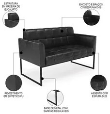 Sofá Namoradeira e 2 Poltronas Base Industrial Preto Ana Sintético PU