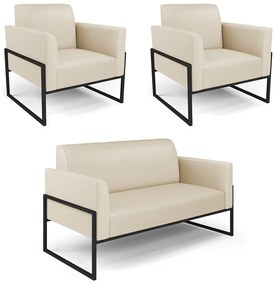 Sofá Namoradeira com 2 Poltronas Base Industrial Alta Preto Marisa Corino D03 - DRossi - Bege