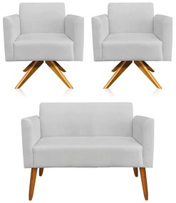Kit 01 Namoradeira 02 Lugares e 02 Poltronas Marisa Suede Cinza Base Giratória Madeira MA30 D'Rossi