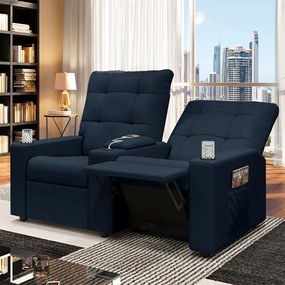 Poltrona do Papai Reclinável Sala de Cinema Movie 2 Lugares Manual Baú USB Veludo Azul G23