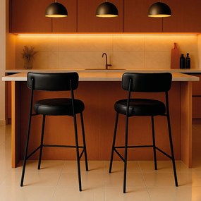 Banqueta de Cozinha Baixa com encosto Industrial em aço kit 2 Londres PU D03 - D'Rossi - Preto