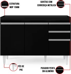 Balcão de Cozinha Lavanderia sem Tampo 02 Gavetas Beth 120 cm L06 - D'Rossi - Preto