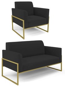 Sofá Namoradeira com Poltrona Base Industrial Alta Dourado Marisa Veludo Preto D03 - D'Rossi