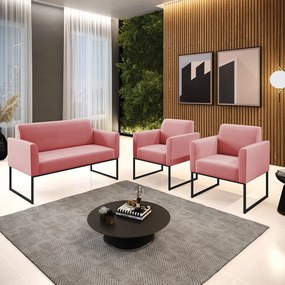 Sofá Namoradeira com 2 Poltronas Base Industrial Preto Marisa Suede D03 - D'Rossi - Rose