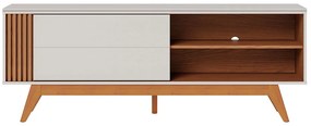 Rack Bancada Pés Madeira Nuro 160cm Porta Deslizante MDF/MDP TV até 60 Off White/Freijó G73 - Gran Belo