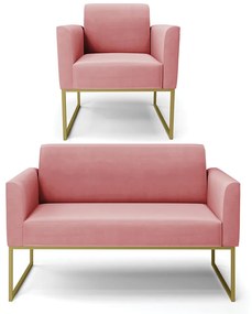 Sofá Namoradeira com Poltrona Base Industrial Dourado Marisa Suede D03 - D'Rossi - Rose