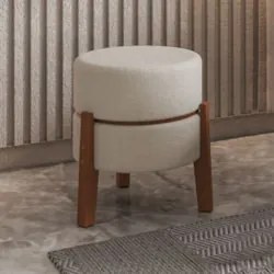 Puff Redondo Decorativos 38cm Pés Madeira Nilo Boucle Bege E05 - Mpoze