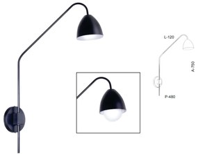 Arandela Haste Articulada Cúpula Aluminio 12X48X75Cm Metal 01Xe27 |Old... (PRETO)