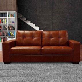 Sofá de Couro 3 Lugares Londres 206cm M06 Cor Conhaque com Brilho 457 - ADJ DECOR