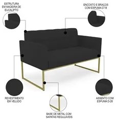 Sofá Namoradeira Base Industrial Dourado Ana Veludo Preto - Ibiza