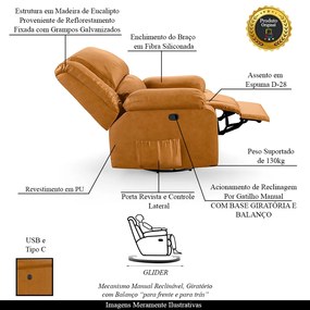 Poltrona do Papai Reclinável Sala de Cinema Madrid Glider Manual Giratória USB PU Whisky  G23 - Gran Belo