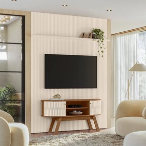Painel TV 65 Pol 179cm Ripado Valen e Rack Bancada Rylan M20 - D'Rossi - Naturale(fosco)/Off White(brilho)