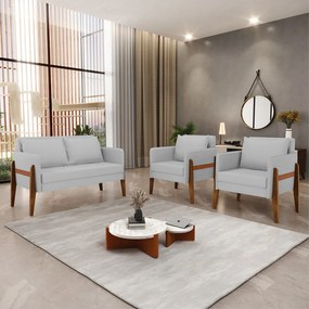 Kit 1 Sofá Namoradeira e 2 Poltronas Lana Linho Cinza A05 Base de Madeira