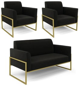 Sofá Namoradeira com 2 Poltronas Base Industrial Alta Dourado Marisa Suede D03 - D'Rossi - Preto