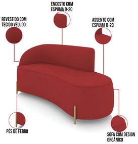Sofá 3 Lugares Orgânico 180cm Pé Dourado Morgan Veludo D03 - D'Rossi - Marsala