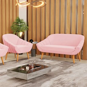 Kit 01 Namoradeira 02 Lugares e 01 Poltrona Giovana Suede Pés Palito Castanho - D'Rossi - Rosa Bebê