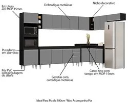 Armário de Cozinha Modulada de Canto 9 Peças CP04 Balcão Preto/Cinza -