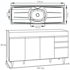 Balcão Gabinete com Pia Inox 160cm Arkansas Branco - Lumil