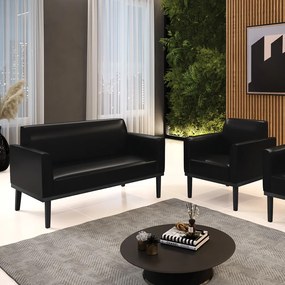 Conjunto Poltrona e Namoradeira Decorativa Isabella Pés Fixo em Madeira PU Preto Brilho G19 - Gran Belo