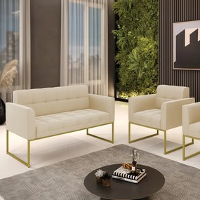 Kit 1 Sofá Namoradeira e 1 Poltrona Elisa Suede Base Metálica Industrial Dourado - D'Rossi - Bege