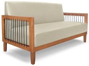Sofá Namoradeira 2 Lugares Sala de Estar Pés Madeira Maciça Corda Náutica Preta 160cm Manila PU Bege G63 - Gran Belo