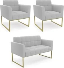 Namoradeira e 2 Poltronas Industrial Dourado Ana Bouclé Cinza - Ibiza