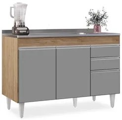 Balcão Gabinete com Pia Inox 120cm Michigan Castanho/Cinza - Lumil