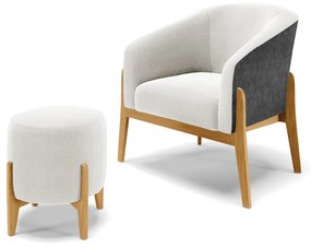 Poltrona e Puff Decorativo Base Madeira Stella PU Preto/Bouclê D03 - D'Rossi - Off White
